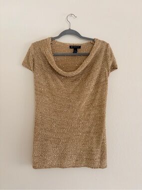 INC international Gold Sequin Cowl Neck Short Sleeve Top or Tunic